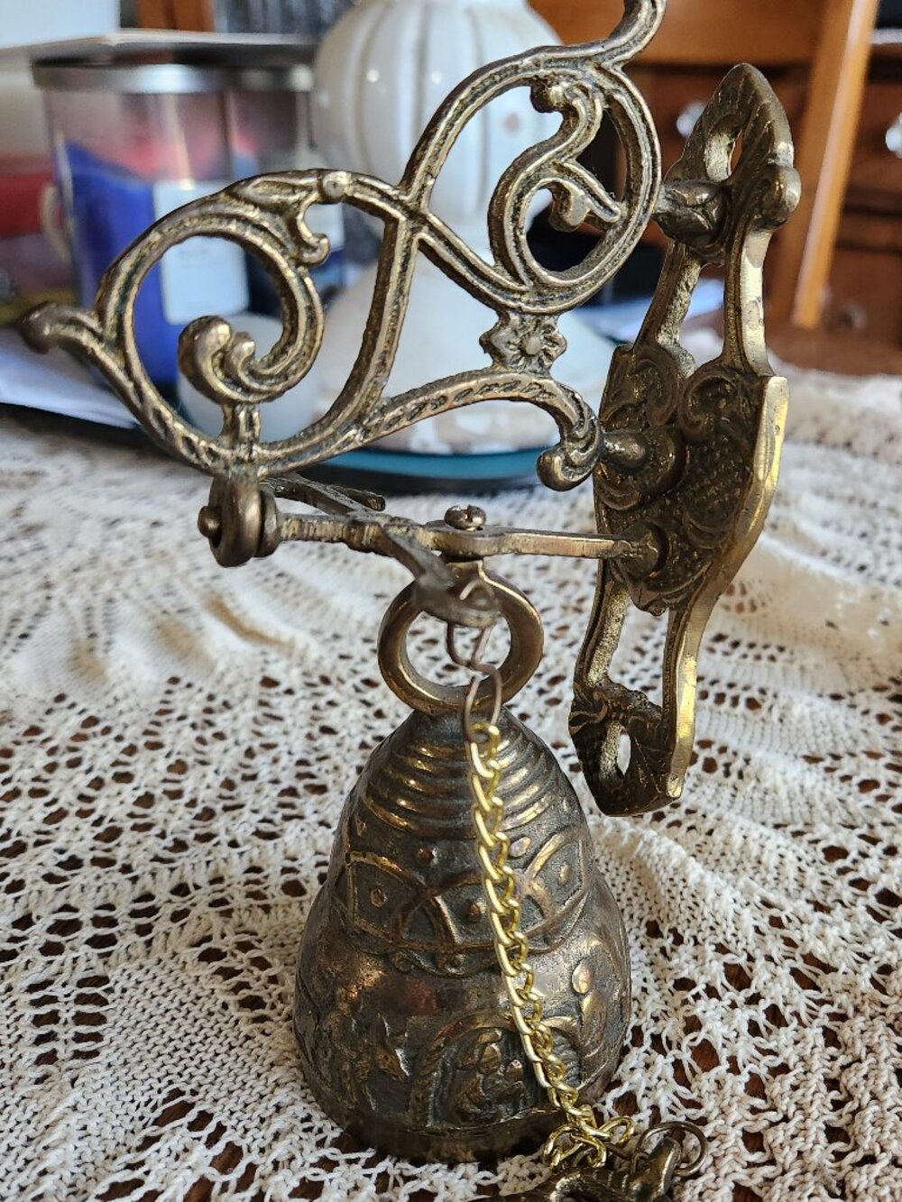 Vintage Brass Wall Mount Hanging Monastery Door Bell With Ornate Pull